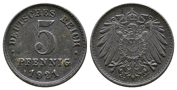Германия 5 пфеннигов 1921 J KM 19, J. 297, Weege 5 железо 4380-157