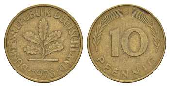 ФРГ 10 пфеннигов 1978 J KM 108, J. 383 сталь плакированная латунью 4630-1266