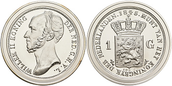 Нидерланды медаль ND серия старинные монеты,Виллем II - 1 гульден 1845  серебро  UNC  00-00