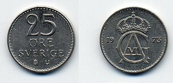 Швеция 25 эре 1973 U, Густав VI Адольф (1950-1973) KM 836 медно-никель 23-621