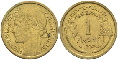 Франция 1 франк 1939 тип Морлон KM 885, LE FRANC 219.10 алюминиевая бронза 3853-211