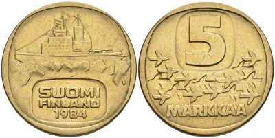 Финляндия 5 марок 1984 N, ледокол Urho KM 57 алюминиевая бронза 4593-916