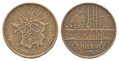 Франция 10 франков 1975 KM 940 медь алюминий никель 4543-631
