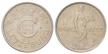Люксембург 1 франк 1939 Шарлотта (1918-1964) KM 44 медно-никель 4628-1027