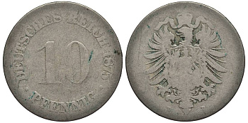 ГЕРМАНИЯ 10 ПФЕННИГОВ 1875 D, СТАРОГЕРБОВКА KM 4, Jager 4, Weege 7 медно-никель 4546-1124