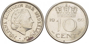 Нидерланды 10 центов 1969 Юлиана (1948-1980) KM 182 никель 3309-632
