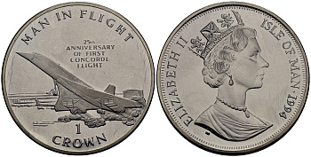 Остров Мэн 1 крона 1994 25 лет со дня первого полета Конкорда КМ 424 медно-никель UNC 4125-132