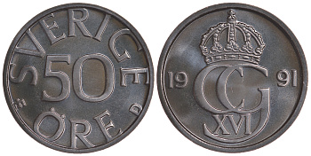 Швеция 50 эре 1991 D Карл XVI Густав (1973- ) KM 855 медно-никель PROOFLIKE 4179-751