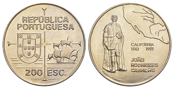 Португалия 200 эскудо 1992 450 лет открытию Калифорнии KM 661 медно-никель UNC 1101-5-54
