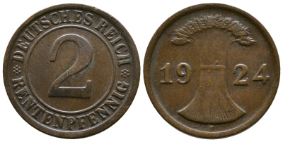 ГЕРМАНИЯ 2 РЕНТЕНПФЕННИГА 1924 F KM 31, J.307 бронза 86-1427