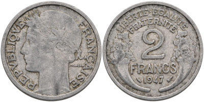 Франция 2 франка 1947 KM 886а.1 алюминий 4589-622