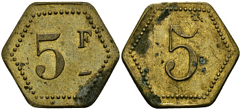 Франция 5 франков XIX-XX век ресторанный жетон латунь 4166-1023