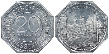 Германия, Нюрнберг - Фюрт 20 пфеннигов ND трамвайный жетон, Карлов мост алюминий UNC 4119-551