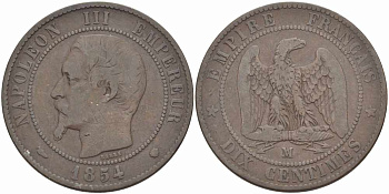 ФРАНЦИЯ 10 САНТИМОВ 1854 MA, НАПОЛЕОН III (1852-1870) KM 771.6, LE FRANC 133.16 бронза 38-1023