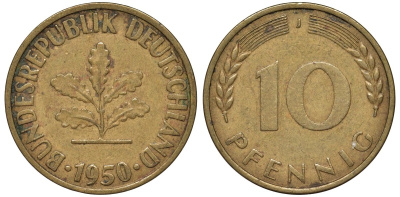ФРГ 10 пфеннигов 1950 J KM 108, J. 383 сталь плакированная латунью 4132-535