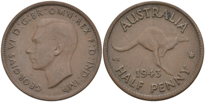 Австралия 1/2 пенни 1943 m, Георг VI (1936-1952), кенгуру KM 41 бронза 4116-342