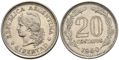 Аргентина 20 сентаво 1960 голова свободы влево KM 55, Schon 55, CJ 266 сталь плакированная никелем    60-955