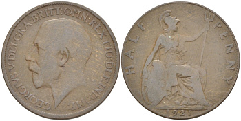 Великобритания 1/2 пенни 1921 Георг V (1910-1936) KM 809, Spink 4056 бронза 4519-1113