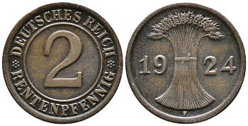 ГЕРМАНИЯ 2 РЕНТЕНПФЕННИГА 1924 F KM 31, J. 307 бронза 24-614