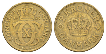 Дания 2 кроны 1925 HCN; GJ, Кристиан X (1912-1947) KM 825 алюминиевая бронза 97-343