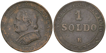 Папская область 1 сольдо = 5 центов 1867 R, Пий IX (1846-1878) KM 1372.2 медь 92-747