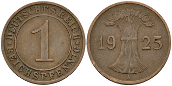 Германия 1 рейхспфенниг 1925 A KM 37, J. 313 бронза 4189-1114