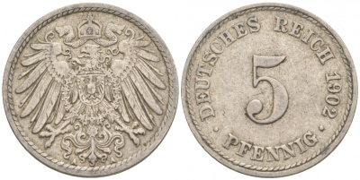 ГЕРМАНИЯ 5 ПФЕННИГОВ 1902 A, KM 11, J. 12 медно-никель 73-1563