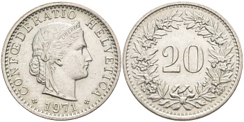 ШВЕЙЦАРИЯ 20 РАППЕНОВ 1971 KM 29a медно-никель 55-935