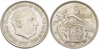 Испания 5 песет 1957 (67) Франсиско Франко (1939-1975) KM 786 медно-никель 213-736