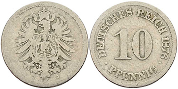 Германия 10 пфеннигов 1876 J, старогербовка KM 4, Jager 4, Weege 7 медно-никель 4401-314