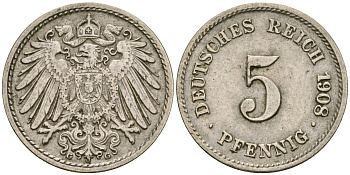 Германия 5 пфеннигов 1907 G, KM 11, J. 12 медно-никель 4364-4517