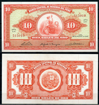 Перу 10 солей 1965 сидящая свобода, American Bank Note Company Pick 88  бумага  аUNC  3295-32-3-1