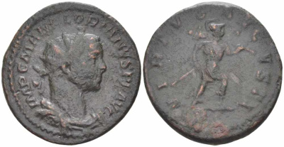 Римская Империя аврелианиан 276 Флориан VIRTVS AVGVSTI Лугдун Very fine (степень редкости R1) RIC 14 бронза 1073-17-63