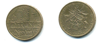 Франция 10 франков 1977 тип Матье KM 940, Le Franc 365.9-10 никель латунь 59-1013