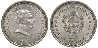 Уругвай 25 сентесимо 1960 KM 40 медно-никель 4169-846