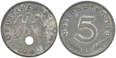 ГЕРМАНИЯ 5 РЕЙХСПФЕННИГОВ 1942 А KM 100, J. 370 цинк 206-1243
