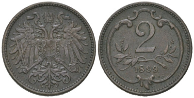 Австрия 2 геллера 1899 Франц Иосиф I (1848-1916) KM 2801 бронза aUNC 192-138