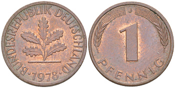ФРГ 1 ПФЕННИГ 1978 J KM 105, J. 380 сталь плакированная медью 4181-631