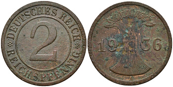 Германия 2 рейхспфеннига 1936 A KM 38, J. 314 бронза 4147-1251