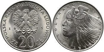 Польша 20 злотых 1975 MW, Международный год женщины KM 75, Parchimowicz 248 медно-никель UNC 441-841