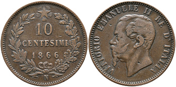 ИТАЛИЯ 10 ЧЕНТЕЗИМО 1866 N, ВИКТОР ЭММАНУИЛ II (1861-1878) KM 11.4 медь 32-145