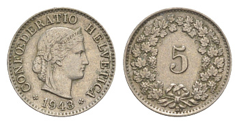 Швейцария 5 раппенов 1943 B KM 26 медно-никель 4627-765