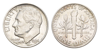 США 1 дайм (10 центов) 1964 KM 195 серебро aUNC 4639-229