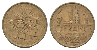 Франция 10 франков 1976 KM 940 медь алюминий никель 4673-1211