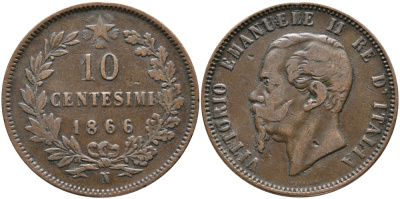 ИТАЛИЯ 10 ЧЕНТЕЗИМО 1866 N, ВИКТОР ЭММАНУИЛ II (1861-1878) KM 11.4 медь 32-145
