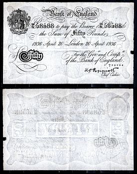 Англия 50 фунтов 1936 Лондон, 20 апреля, Операция "Бернхард", фальшивка в ущерб денежному обращению Pick 338  бумага   451-1264-1