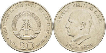 ГДР 20 марок 1971 A, 85 лет со дня рождения Эрнста Тельмана KM 34, J. 1535 медно-никель 4521-344