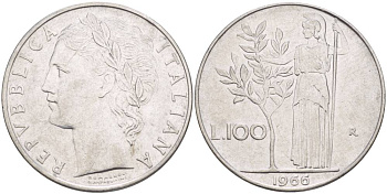 ИТАЛИЯ 100 ЛИР 1966 R, АФИНА У ОЛИВКОВОГО ДЕРЕВА KM 96.1 нержавеющая сталь 4545-635