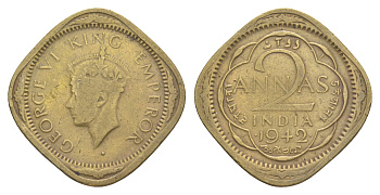 Британская Индия 2 анны 1942 Георг VI (1936-1952) KM 541a никель латунь 4650-947