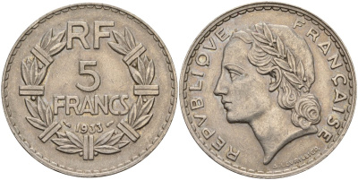 Франция 5 франков 1933 KM 888, Le Franc 336 никель 4144-346